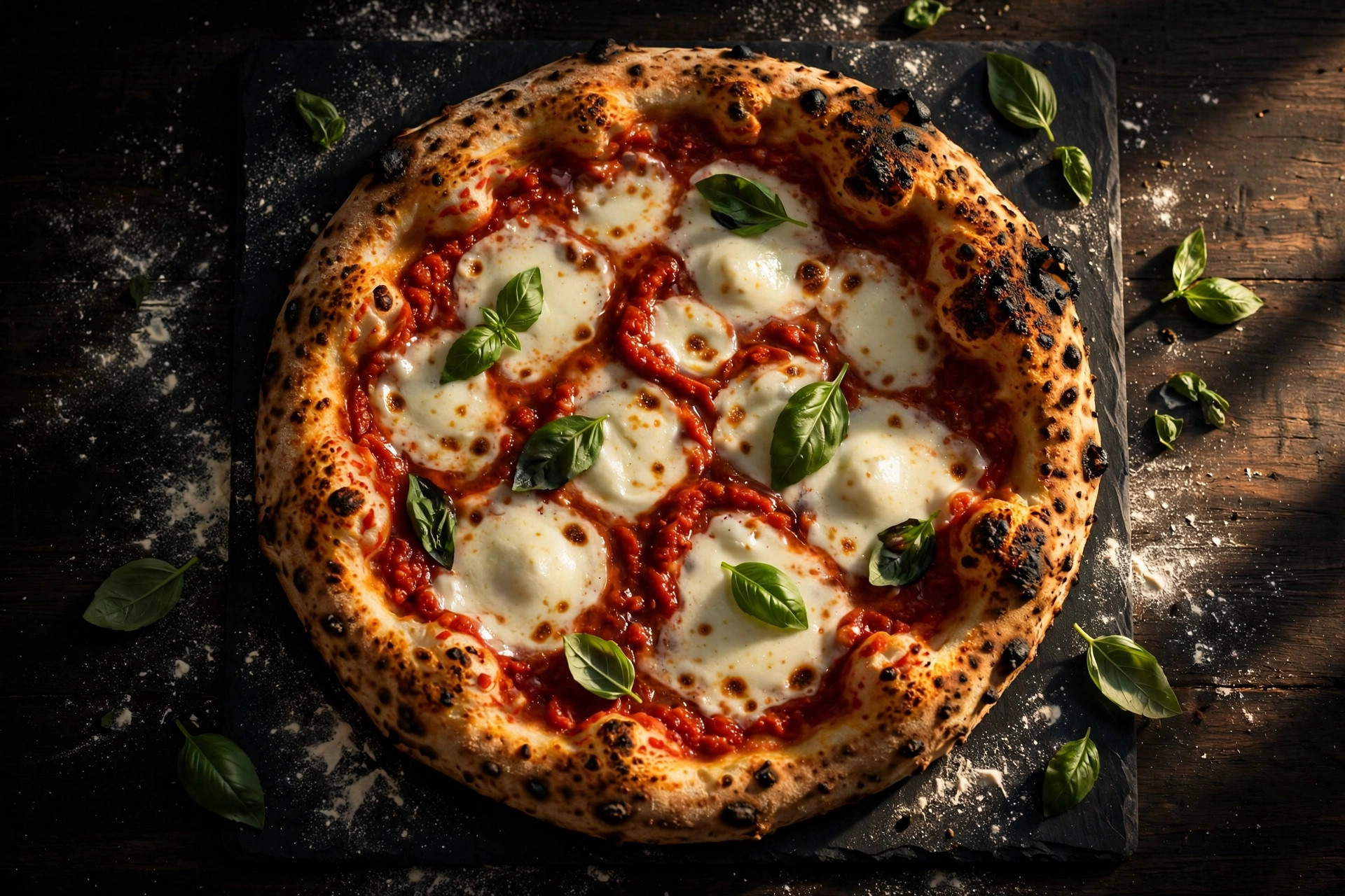 Overhead view of a wood-fired margherita pizza on dark slate