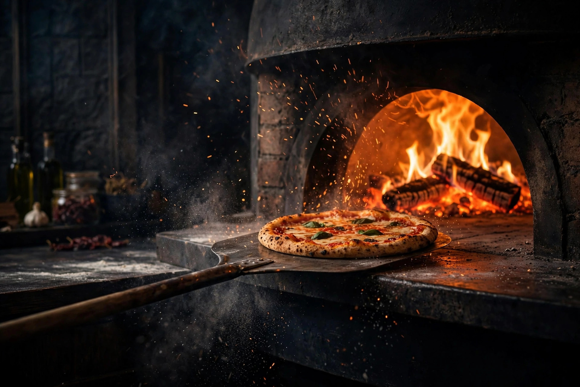 Pizza on a peel beside the flames of a wood-fired oven