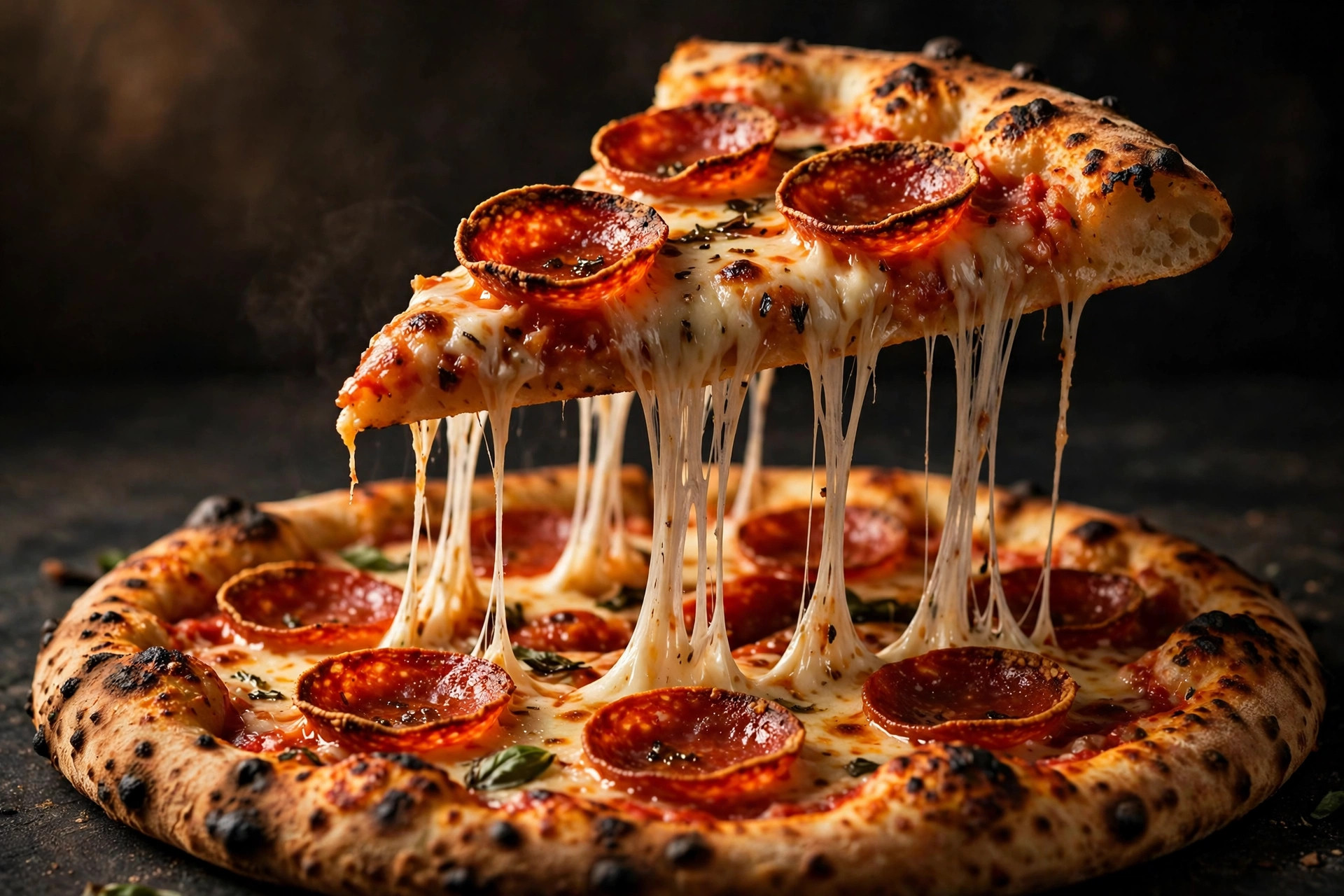 Pepperoni pizza slice lifted from a pie with melted cheese stretching below